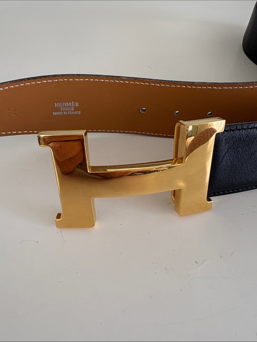 Hermès Reversible Leather Belt with Jumbo Gold H Buckle sz 70